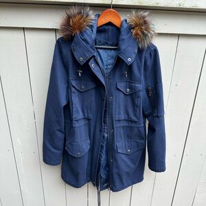 Jocelyn Fox Fur-Trim Utility Cargo Coat Navy Medium